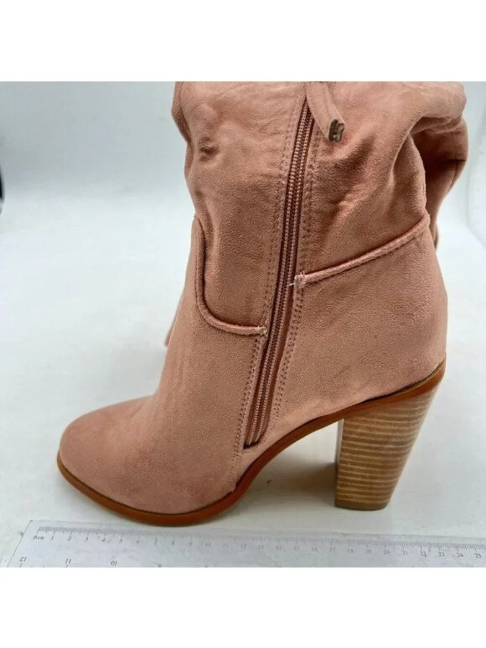 Womens Faux Suede Knee High Boots Side Zipper Chunky Heel Stretch Winter Boots